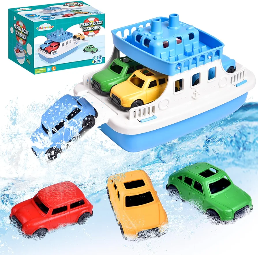 Toy Boat Bath Toys for Toddlers with 4 Mini Car Toys, Kids Water Toys Ferry Boat for Bathtub Bathroom Pool Beach Toys, Birthday Gifts