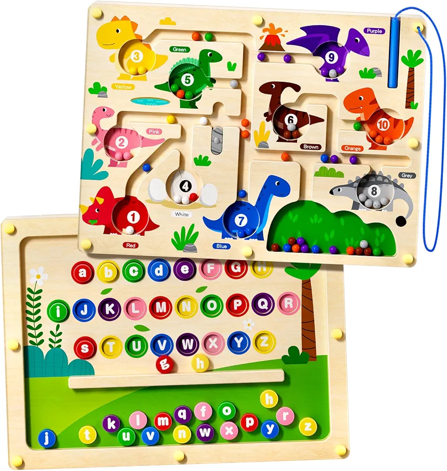 2 in 1 Magnetic Color and Number Maze Double-Sided ABC Alphabet Puzzles Board Magnet Dinosaur Counting Maze Preschool Learning Montessori Education 3 4 5 Years Toys