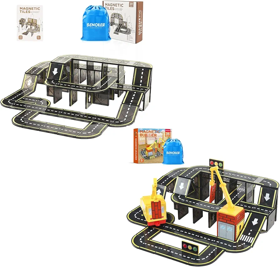 Magnetic Tiles Road Set with 2 Magnet Crane Car Toys Magnetic Tiles Road Set, STEM Magnet Building Blocks for Toddler Kids