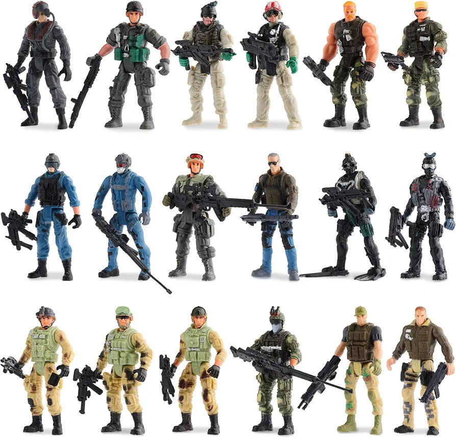 18 Pcs Special Forces Army Men Soldier Combat Movable Action Figures Army Guys Plastic Toy Soldiers Playsets Military Toy Men with Military Weapons and Accessories for Teens Party Decoration, 4 Inch