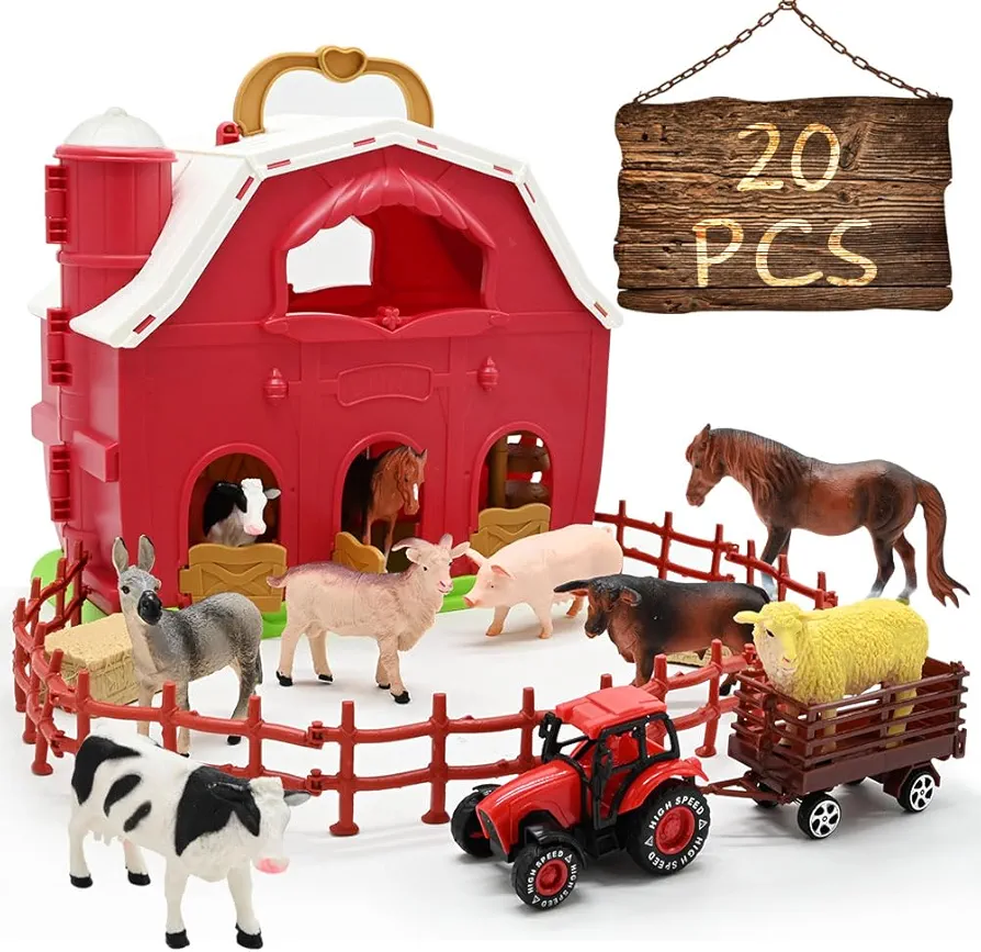 Red Barn and Farm Animal Figures Playset, 20Pack Preschool STEM Toys for Kids