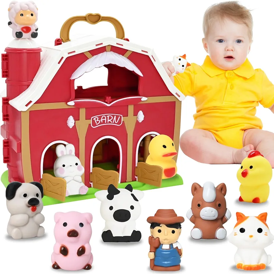 WODMAZ Big Red Barn Toys for 1 2 3 Years Old Boys Girls, Preschool Montessori Learning Toy, Pretend Farm Barn Playset with Farm Animal Finger Puppets & Farmer, Christmas Birthday Gift for Toddlers