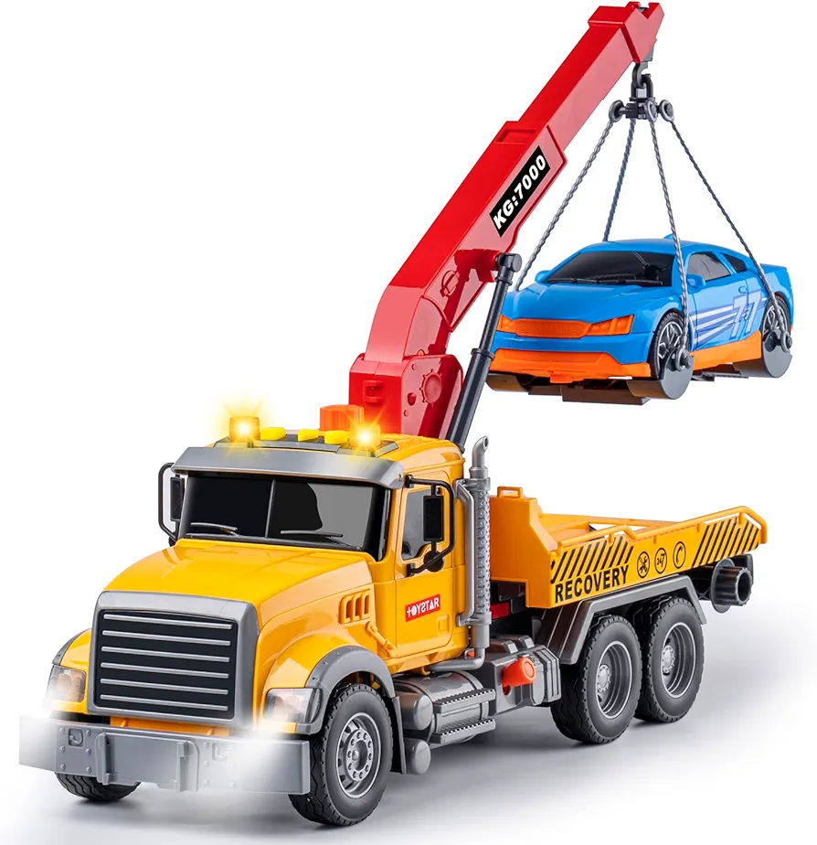 haomsj Big Tow Trucks Toy Trucks with Hook and Car for Boys Pull Back Truck Toys with Light and Sound for Kids (1:18 Plastic Tow Truck)