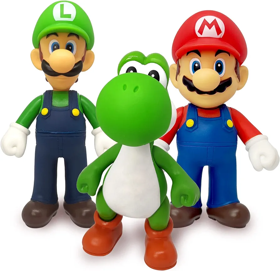 Mario Bros Action Figures 5 inch Yoshi Mario Luigi Cake Toppers Cartoon Theme Collection Playset Toys Birthday Gifts for Boys Kids 3pcs, Head and Hand rotated 360°