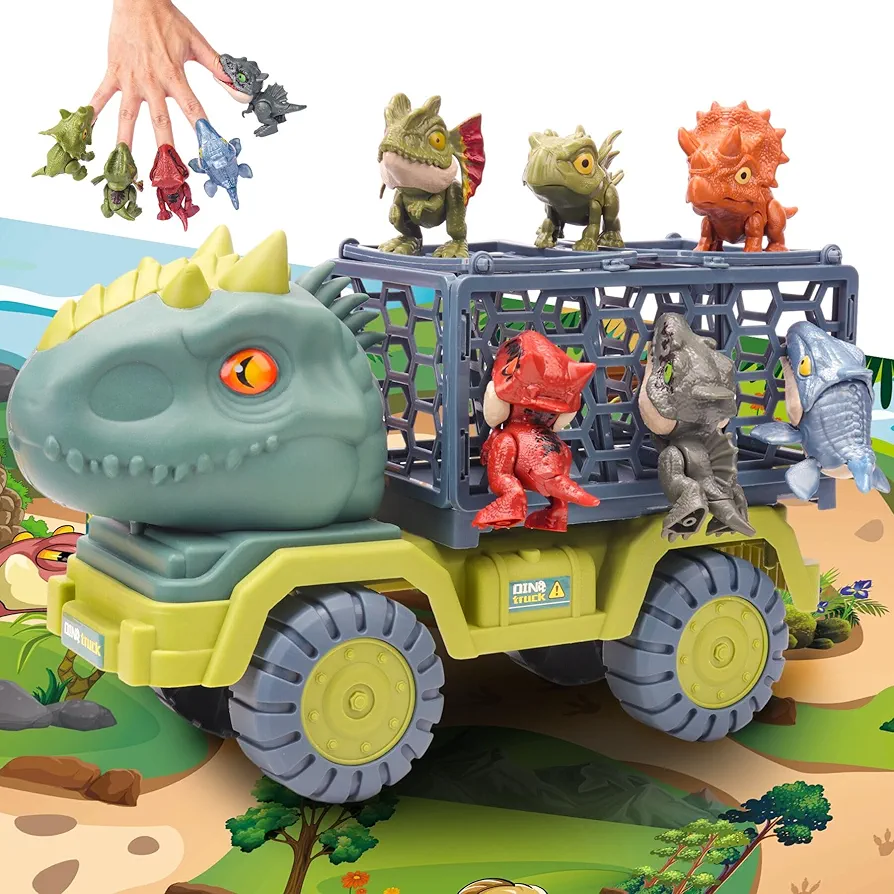 COSOOS Dinosaur Toys for Kids 3-5, T-Rex Dinosaur Truck Carrier Transport Car with 6 Dinosaur Figures, Dino Play Mat, Capture Jurassic Dinosaur Playset for Toddler Boy Girl