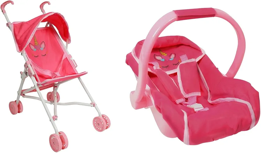 My First Baby Doll Stroller and Unicorn Baby Doll car seat Bundle