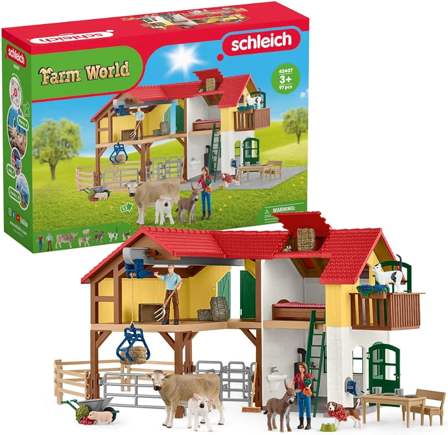 Schleich Farm World — Large Farm House, 97-Piece Toy Farm House with 3 Rooms, Farmer Figurines and Multiple Animal Toys with Accessories, Farm Toys for Boys and Girls Ages 3+