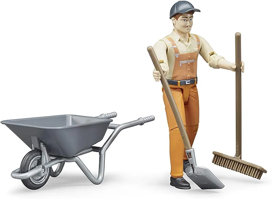 Bruder Toys - Bworld Municipal Worker in Dungarees and Cap Action Figure with Grasping Hands and Moveable Limbs and Head - Figure Includes Broom, Shovel, and Wheelbarrow - Ages 4+