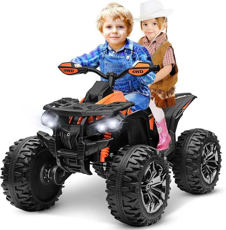 Kids ATV 4 Wheeler, 24V 4WD Ride on Toys w/2 Seater, 4x200W Powerful Motor, 9AH Battery Powered, Bluetooth Music, LED Lights, TF Card, Spring Suspension, Electric Quad Vehicle Car for Boy Girl, Orange