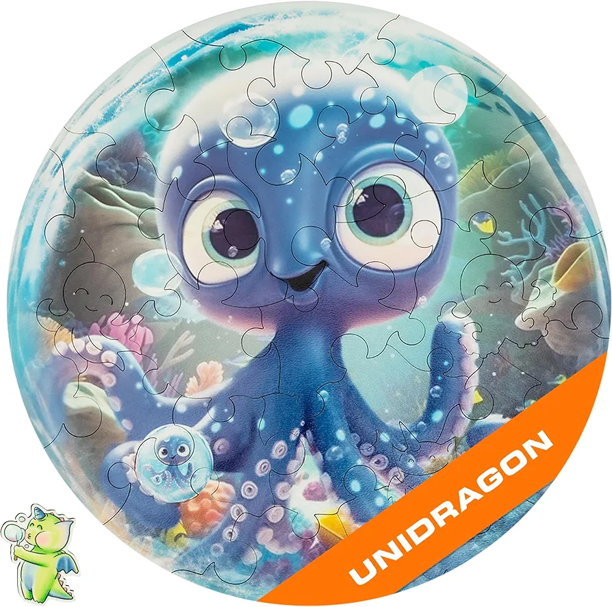 UNIDRAGON Original Wooden Jigsaw Puzzles for Kids Ages 3-5 — Bubblez Octopus — 30 Pieces Puzzle Round Shape 9.8×9.8 Inches Toddler Kids Activities Tiny Animals Preschool Toys Brain Teasers