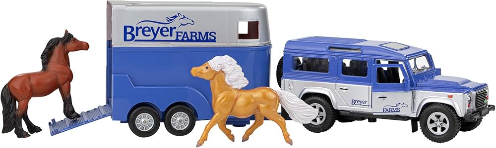 Breyer Horses Farms Land Rover and Tag-a-Long Trailer and Playset | Die Cast | 3.25” H x 10.5” L x 2.5” D | 2 Stablemates Horses Included | 1:32 Scale | Model #59216, Multi