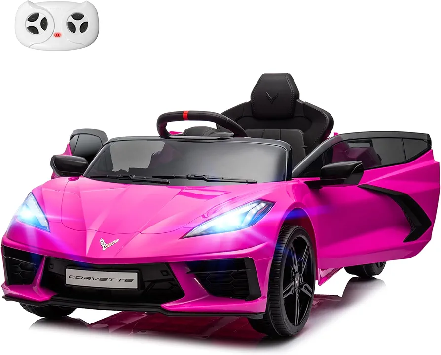 12V Licensed Chevrolet Corvette C8 Kids Electric Ride on Car Remote Control Bluetooth Music MP3 Player 4 Shock Absorbers 2 Speeds Battery Powered Roadster Gift for Boys & Girls-Pink