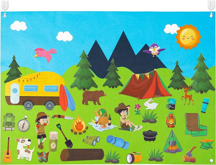 WATINC 46Pcs Camping Felt Board Story Set Camping Adventure Camp Out Preschool Large Wall Storyboard Forest Theme Early Learning Storytelling Play Board Hanging Kit for Toddler Kids 41 x 30 Inch