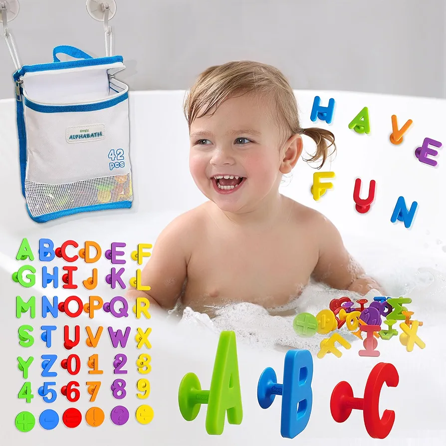 ALPHABATH Suction Bath Toys Alphabet Letters Numbers 42pcs Montessori Stimulating Autism Sensory No Mold Free Preschool Daycare Spelling Math Learn Build Connect Travel Kids Toddlers Ages 1 2 3 Years