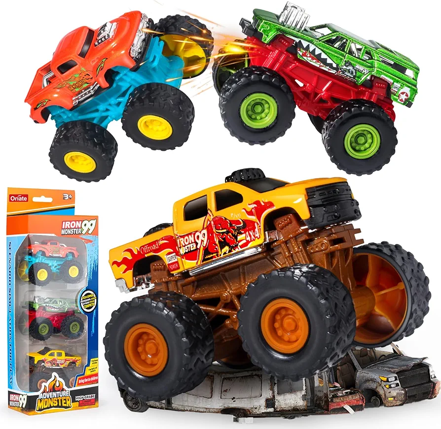 Oriate Monster Truck Toys Trucks for Boys and Girls, Diecast Toy Cars Pull Back Monster Trucks Toys, Battery Free Vehicle On-Road Stunt Car, Birthday Party Gift Cool Stuff for Boys Girl Toddlers 3Pack