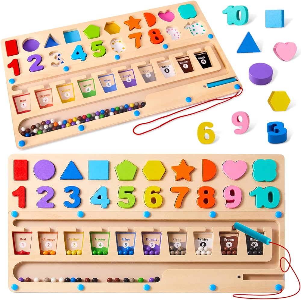 3 in 1 Montessori Toys for 3+ Year Old, Educational Magnetic Color and Number Maze, Shape & Number Wooden Puzzle Sorting Toys for Toddlers, Preschool Learning Activities Classroom Must Haves