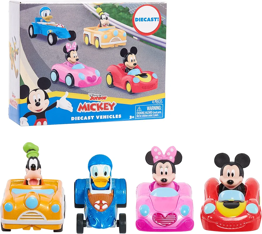 Disney Junior Mickey Mouse Diecast Vehicles, 4-piece Set, 3-inch long Metal Cars, Pretend Play, Kids Toys for Ages 3 Up by Just Play