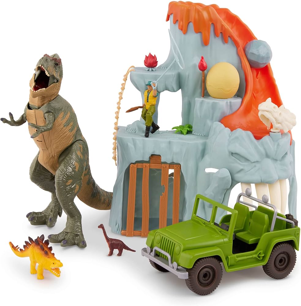 Terra by Battat – 14 Pcs Lava Mountain T-Rex Adventure Playset - Electronic Dinosaur with Light-Up Eyes - Movable Roaring T-Rex Toy for Kids Ages 3+