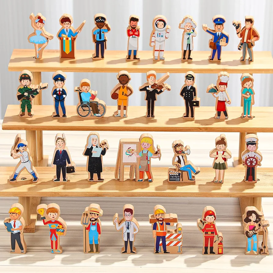 30 Pcs Wooden Community Helpers Toys Multicultural Career Wooden People Figures Small Diversity Professionals Wood Blocks for Preschool Classroom Play Games Educational Activity Supplies