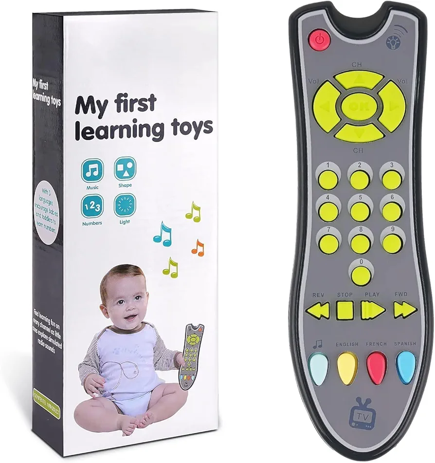 TV Remote Control Toy(Grey), Musical Play with Light and Sound for Toddlers 1-3 Years Old, Boys or Girls Preschool Education Toy, 3 Language Modes: English, French and Spanish