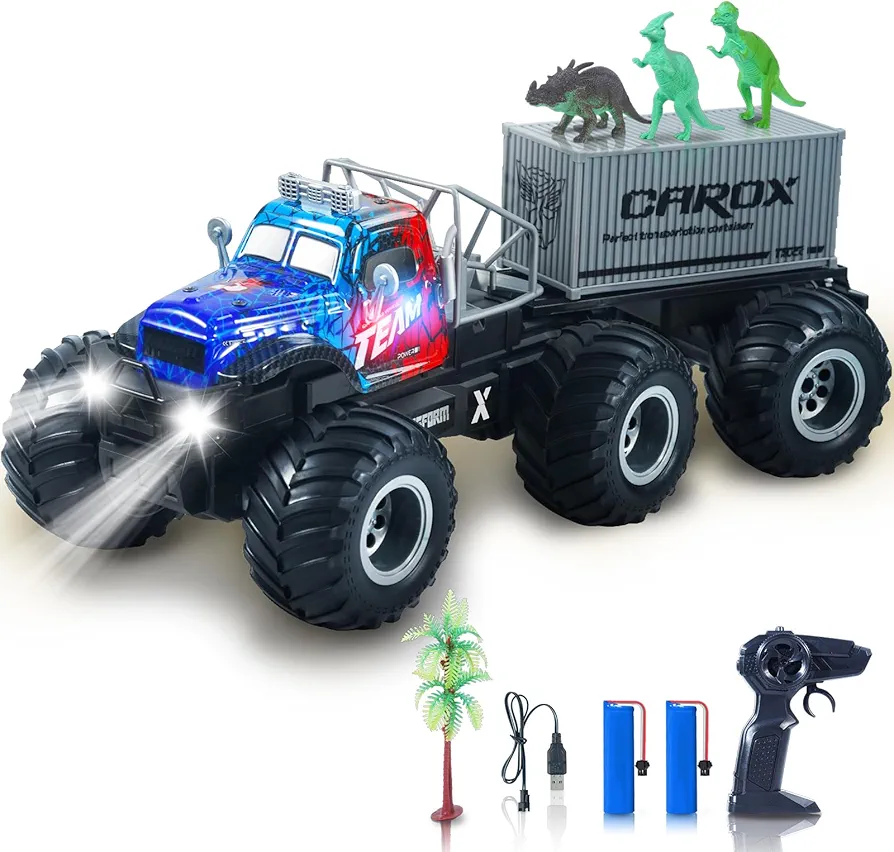 Remote Control Car with Dinosaur Toys, Transform from 4 to 6 Wheels, 19 KM/H 2.4Ghz Monster Truck with 2 Rechargeable Batteries & LED Lights, Toy Car Gift for 3 4 5 6 7 8 9 Year Old Boys