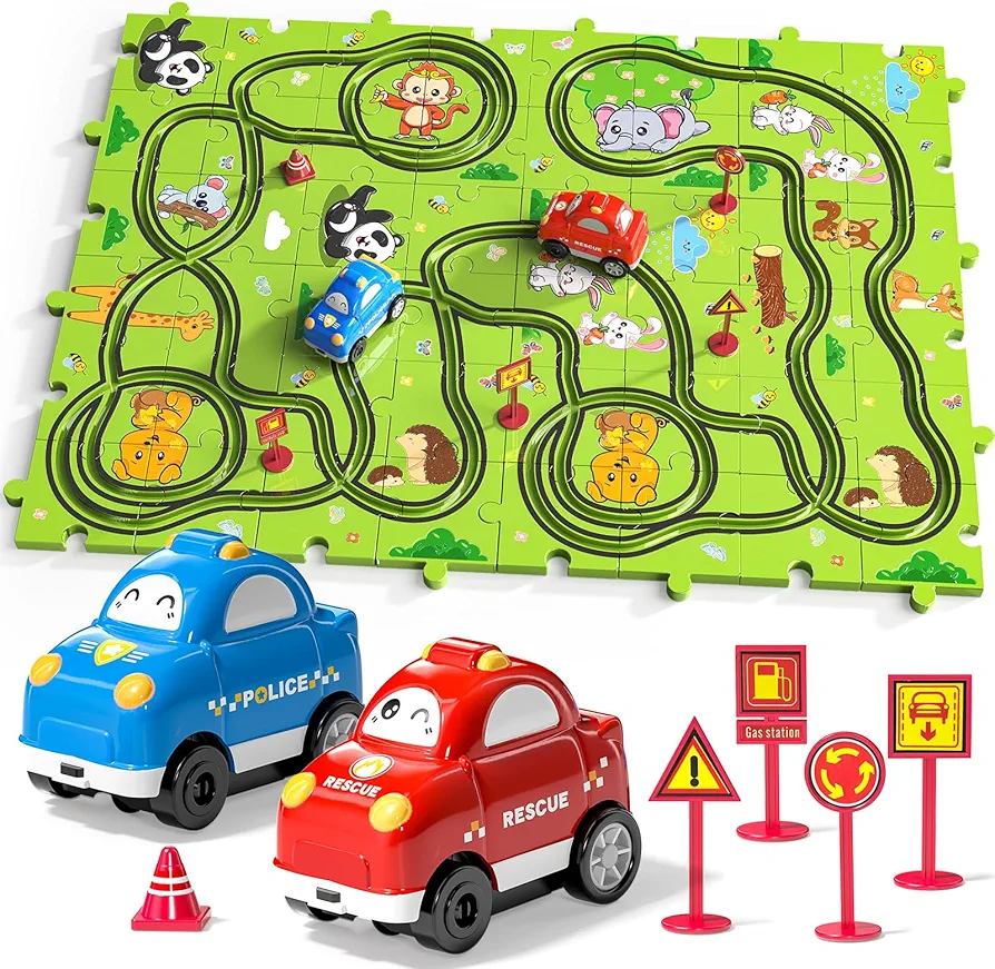 56 Pcs DIY Puzzle Track Car Play Set for 3 4 5 6 7+ Year Old Boys, Puzzle Tracks with Vehicles, Jigsaw Puzzle Race Track Toys for Kids Toddlers, Puzzle Rail Car Toy, Educational Montessori Games Gifts