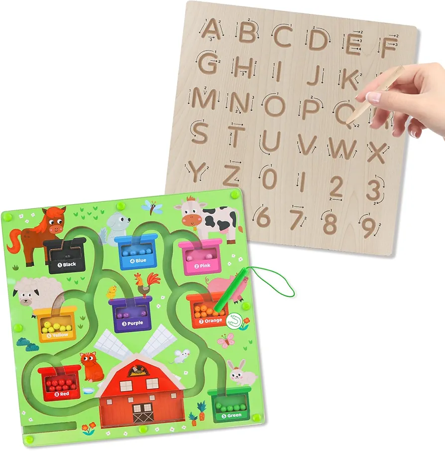 2 in 1 Magnetic Color and Number Maze Alphabe Board Double Sided Wooden Montessori Toys for 12 3 Years Old Toddler Sensory Toy Learning ABC Preschool Educational Activity for Boys Girls