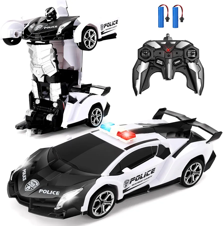 Blackma Remote Control Car - Transform, 2.4Ghz 1:18 Scale Transforming Police Car Toy with LED Light, One-Button Deformation 360° Rotating Drifting, Toy Gifts for 3 4 5 6 7 8 9 10 11 12 Years Old Boy