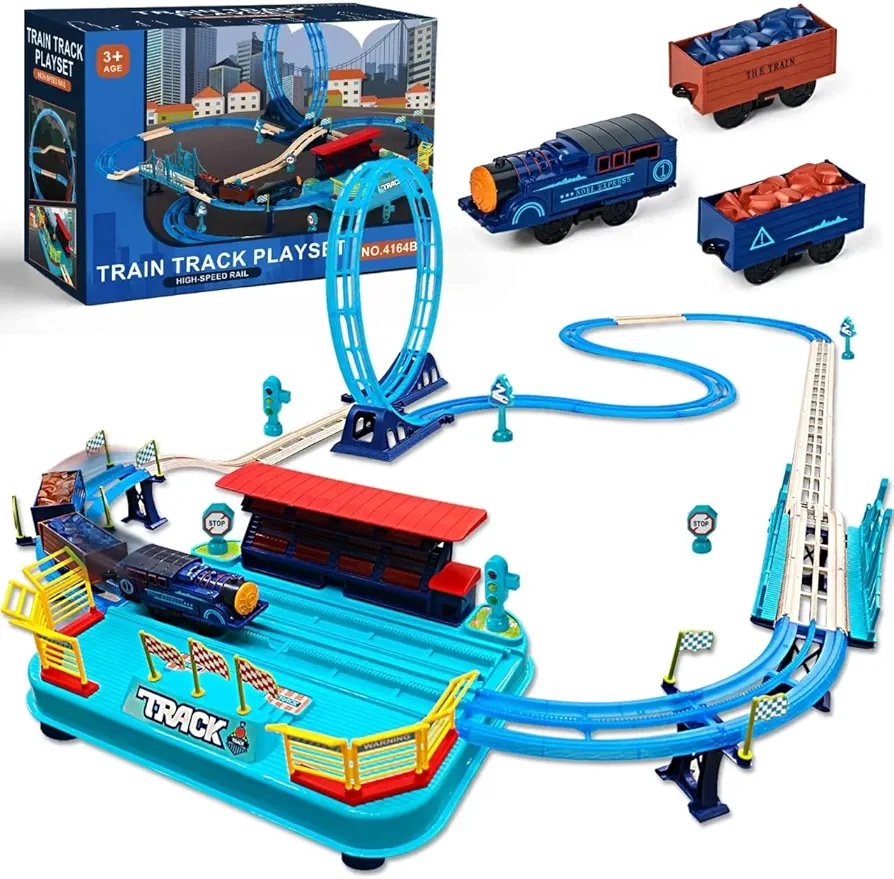 Toy Train Race Track Set - Glow in The Dark High Speed Railway Racer Car Track Playset, Battery-Powered Electric DIY Building Toddlers Travel Train Railroad Toy Birthday Gifts for Kids Boys Girls