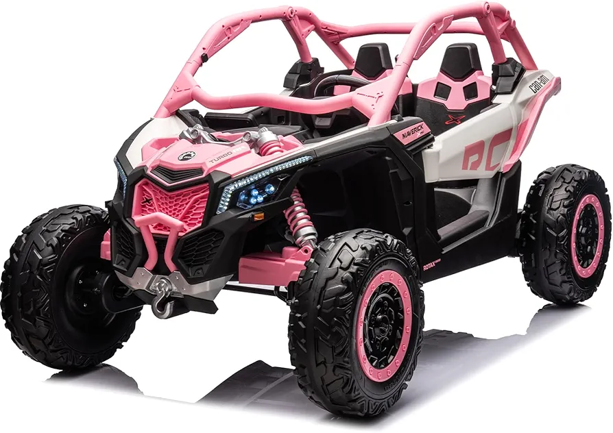 Sopbost 24V 2 Seater Kids UTV Ride On Toys Car with EVA Wheels 4WD Off-Road UTV Battery Powered Licensed Can Am Maverick Electric Ride On Car with Remote Control for Boys Girls (Pink)