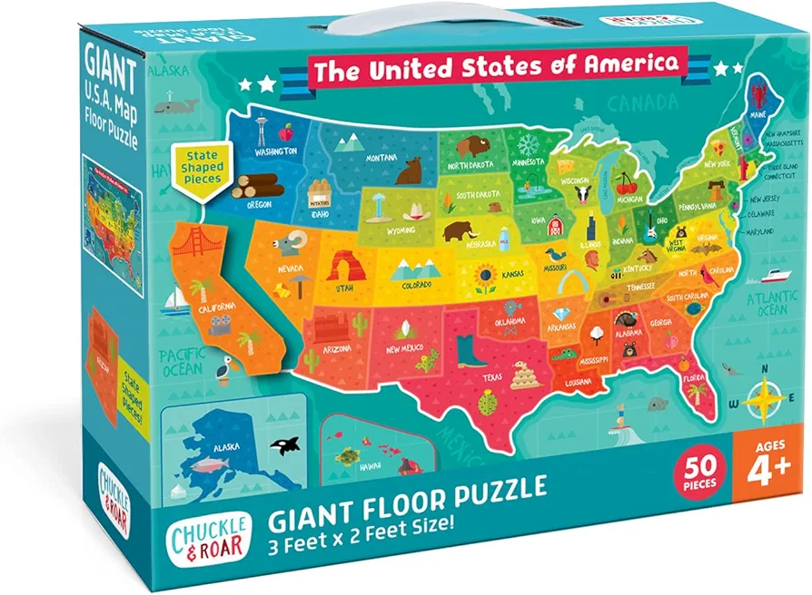 Chuckle & Roar - USA Map Puzzle - Engaging and Educational Puzzles for Kids - Larger Pieces Designed for Preschool Hands - 50 PC Floor Puzzle