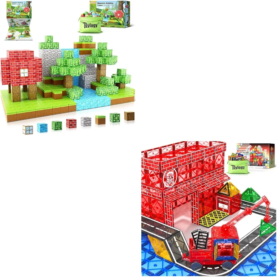 88PCS Magnetic Blocks-Build Mine Magnet World Magnetic Tiles Road Set with Magnetic Crane Car Toys for Boys Girls Gifts