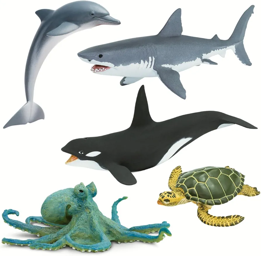 Safari Ltd. Sea Life Bundle - Toy Figurines of Great White, Dolphin, Turtle, Octopus, and Orca - Toy Set for Boys, Girls and Kids for Kids 3+