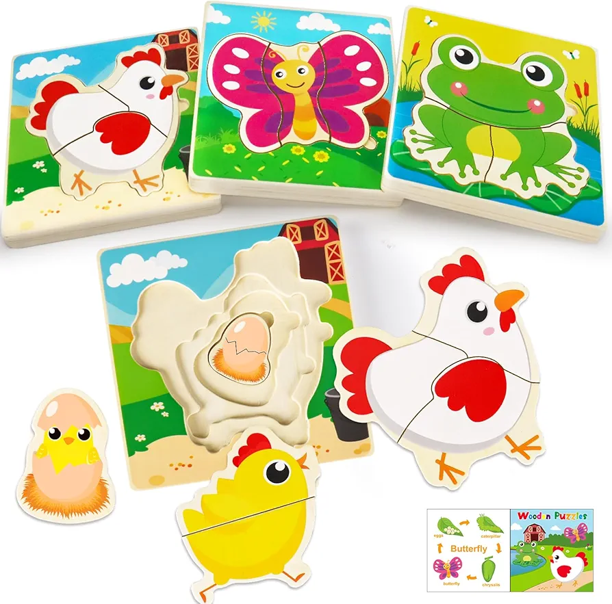 3 Packs Animal Life Cycle Wooden Toddler Puzzles Ages 2-4 Wood Jigsaw Puzzles for Kids Ages 3-5 Educational Montessori Toys for 2 3 4 Year Old Boy Girl Preschool Learning Toys for Toddlers Easter Gift