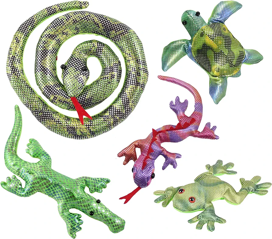 Curious Minds Busy Bags 5 Reptile Set - Sand Filled Animal Toy - Snake, Turtle, Lizard, Alligator, Frog- Heavy Weighted Sandbag Animal Plush Bean Bag Toss - Shimmering Glitter