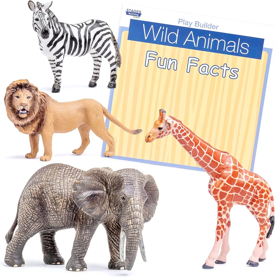 Stages Play Builder: Wild Animals Plastic Figurines/Animal Toys and Fun Facts Book from The Makers of Language Builder, Multicolored