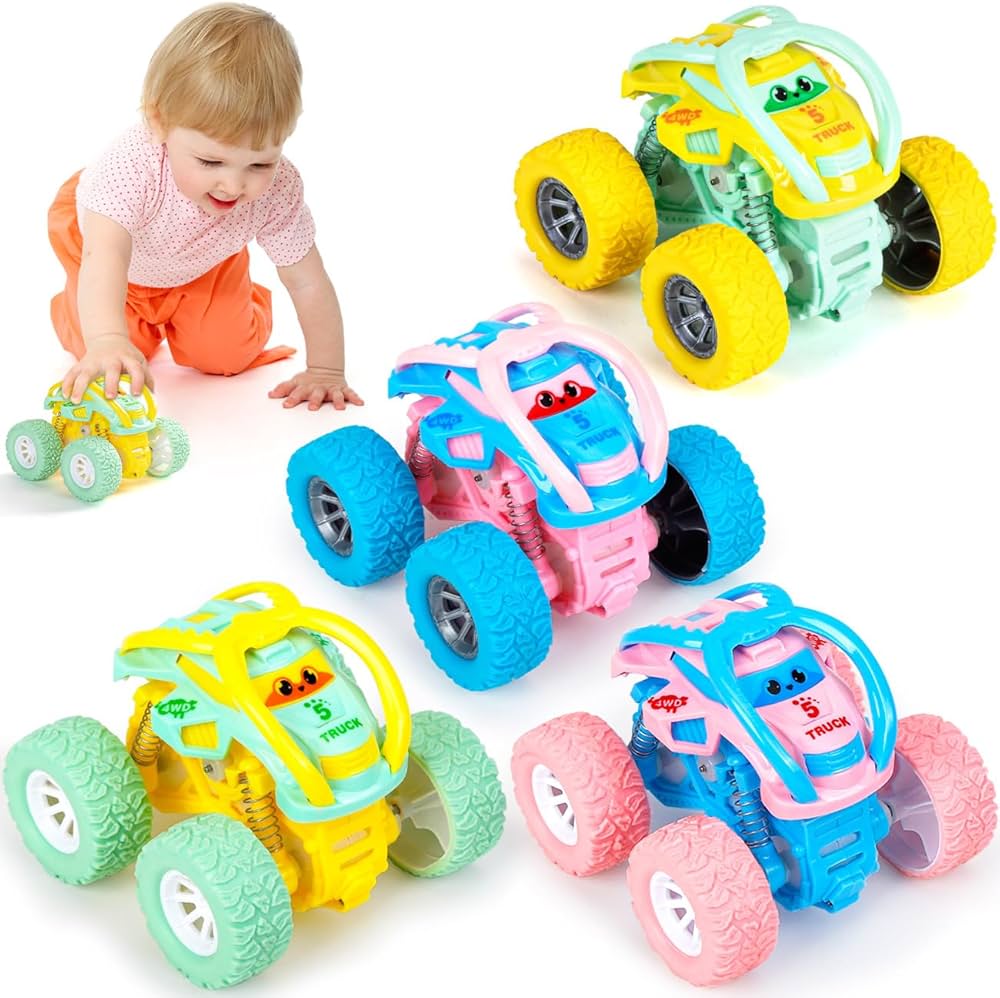 LODBY Toddler Trucks Toys for 3 4 5 6 Year Old Girls, 4 Pack Small Toy Cars for Toddler Girls Boys Age 2-5, Kids Preschool Birthday Gifts 2-6 Year Old, Push & Go Vehicle Stunt Cars