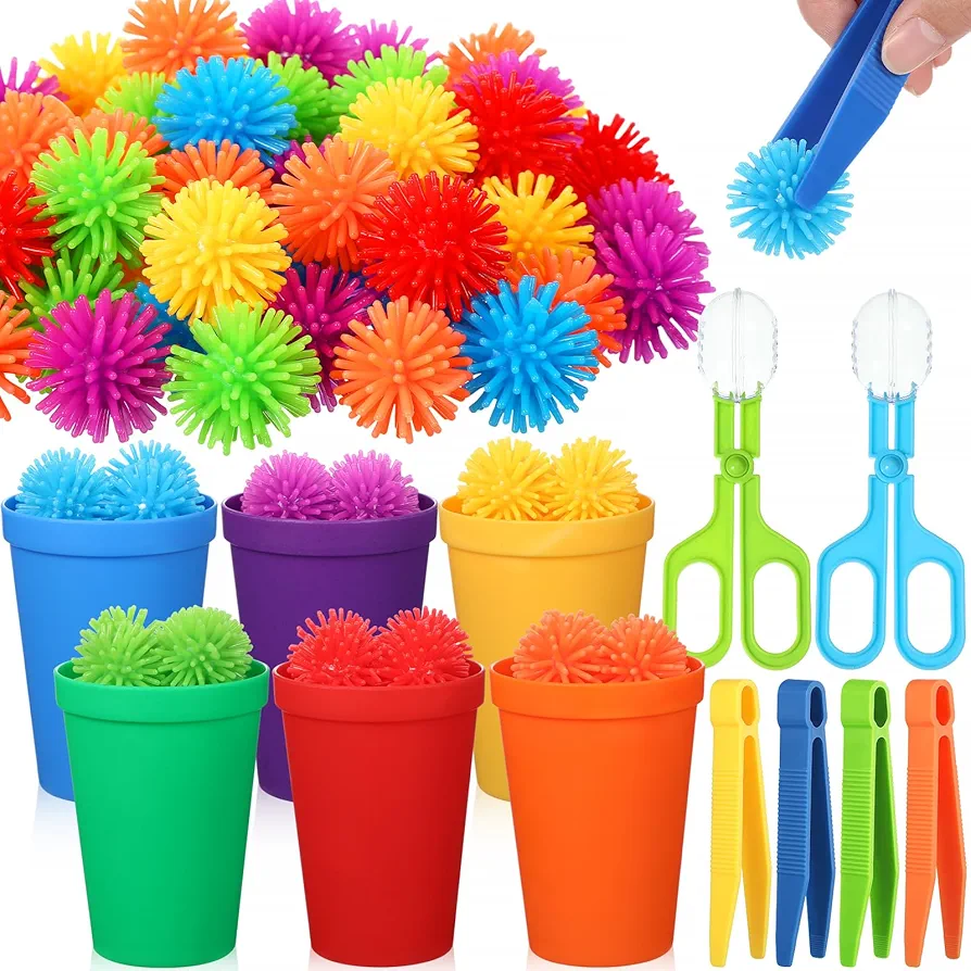 84 Pcs Fine Motor Toys Counting Sorting Sensory Bin Filler Toy Set, Include 72 Hedge Ball 4 Tweezer 2 Scissor Clip 6 Sorting Cup for Preschool Boys Girls Early Education Training Development