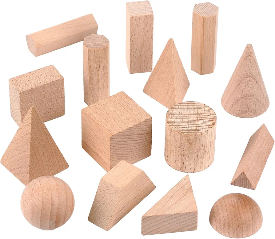 15 Pcs 3D Shapes Geometric Solids Wooden Shapes Large Size Burlywood Color Geometric Shapes Blocks Set Montessori Learning Toy Pattern Blocks Solid for Preschool Elementary Home School Supplies