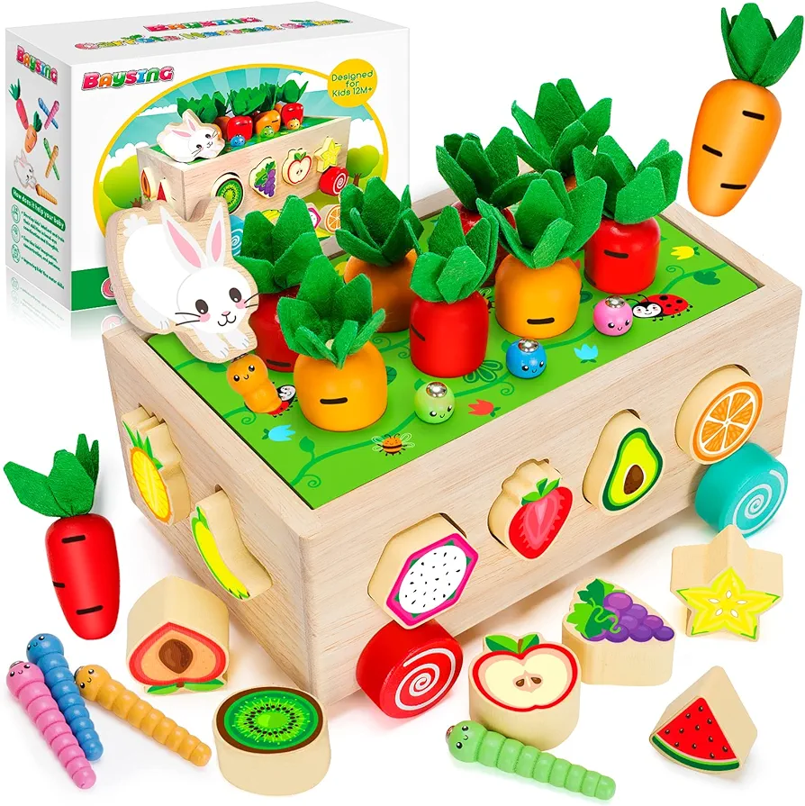 BAYSING Montessori Toys for 2,3,4 Year Old Baby Boys and Girls, Carrots Harvest Game, Wooden Shape Sorting Toys Gifts for Toddlers, Kids Age 1-3, Wood Preschool Learning Fine Motor Skills Game