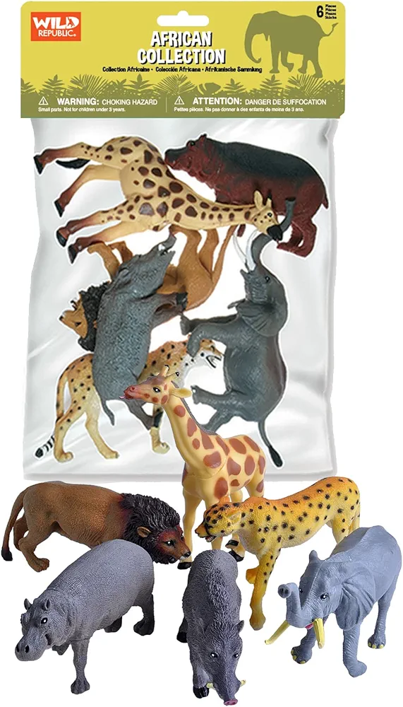 Wild Republic African Animals Polybag, Giraffe, Hippo, Lion, Cheetah, Elephant, Warthog, Toy Figures, 6-Piece