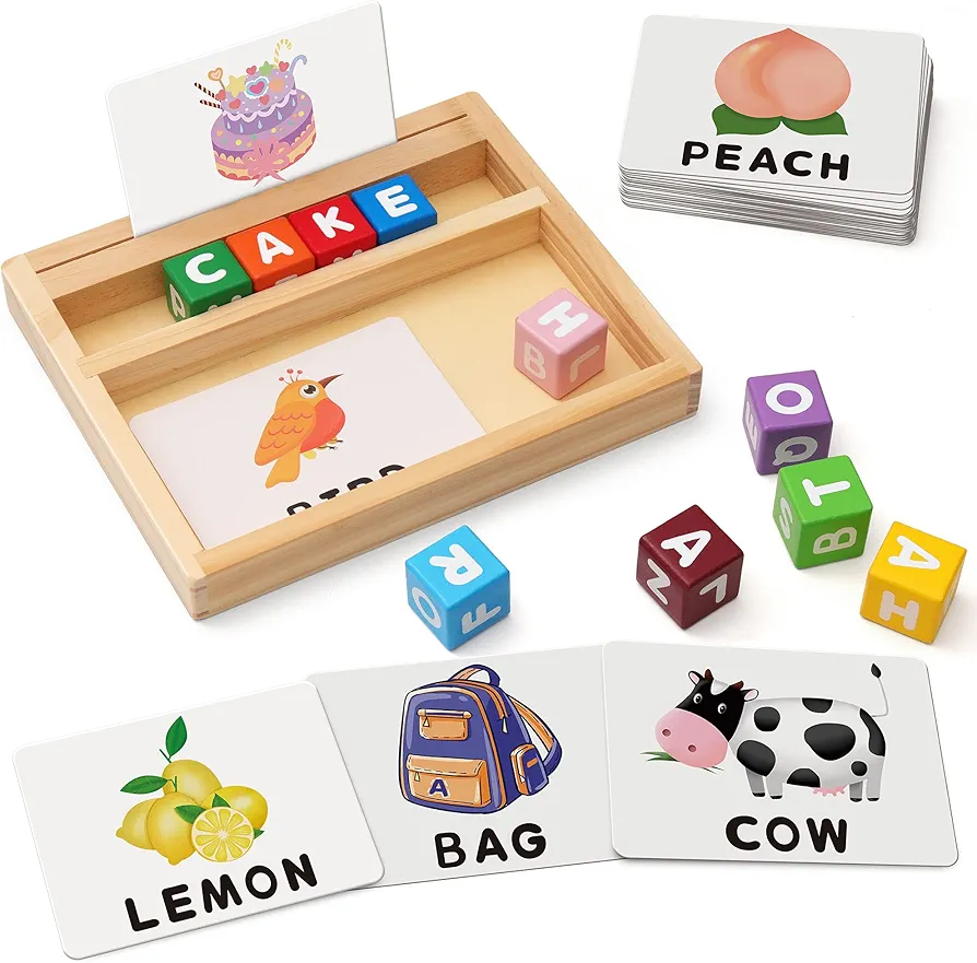 Coogam Wooden Blocks Spelling Game, Color Alphabet Letters Matching Flash Cards ABC Cubes Sight Words Learning Educational Montessori Puzzle Gift for Preschool Kids Boys Girls Age 3 4 5 Years Old