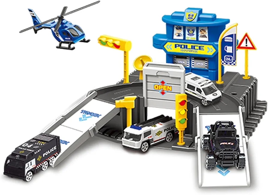 Vangoddy Kids Pretend Play First Responder Police Station Parking Garage Tower Playset for Boys Girls Kids