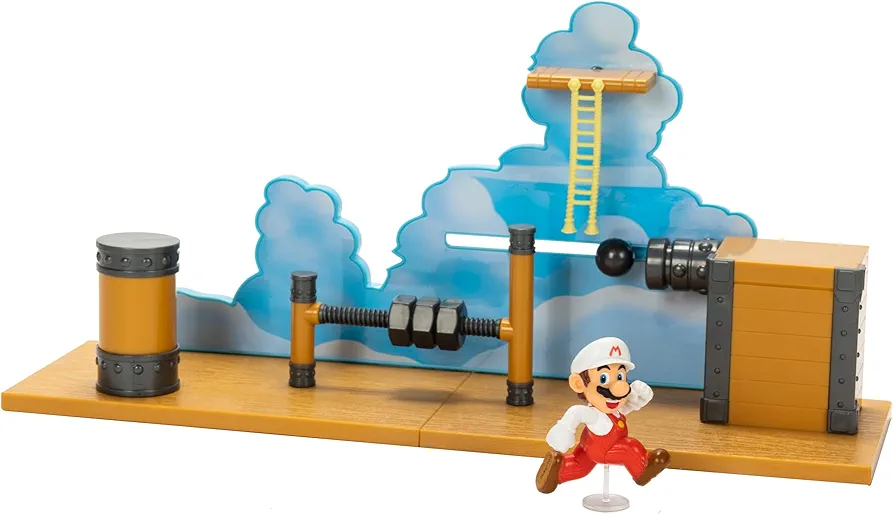 Super Mario Deluxe 2.5in Bowser's Air Ship Playset with Fire Mario Action Figure, rope ladder and screw-bolt obstacles