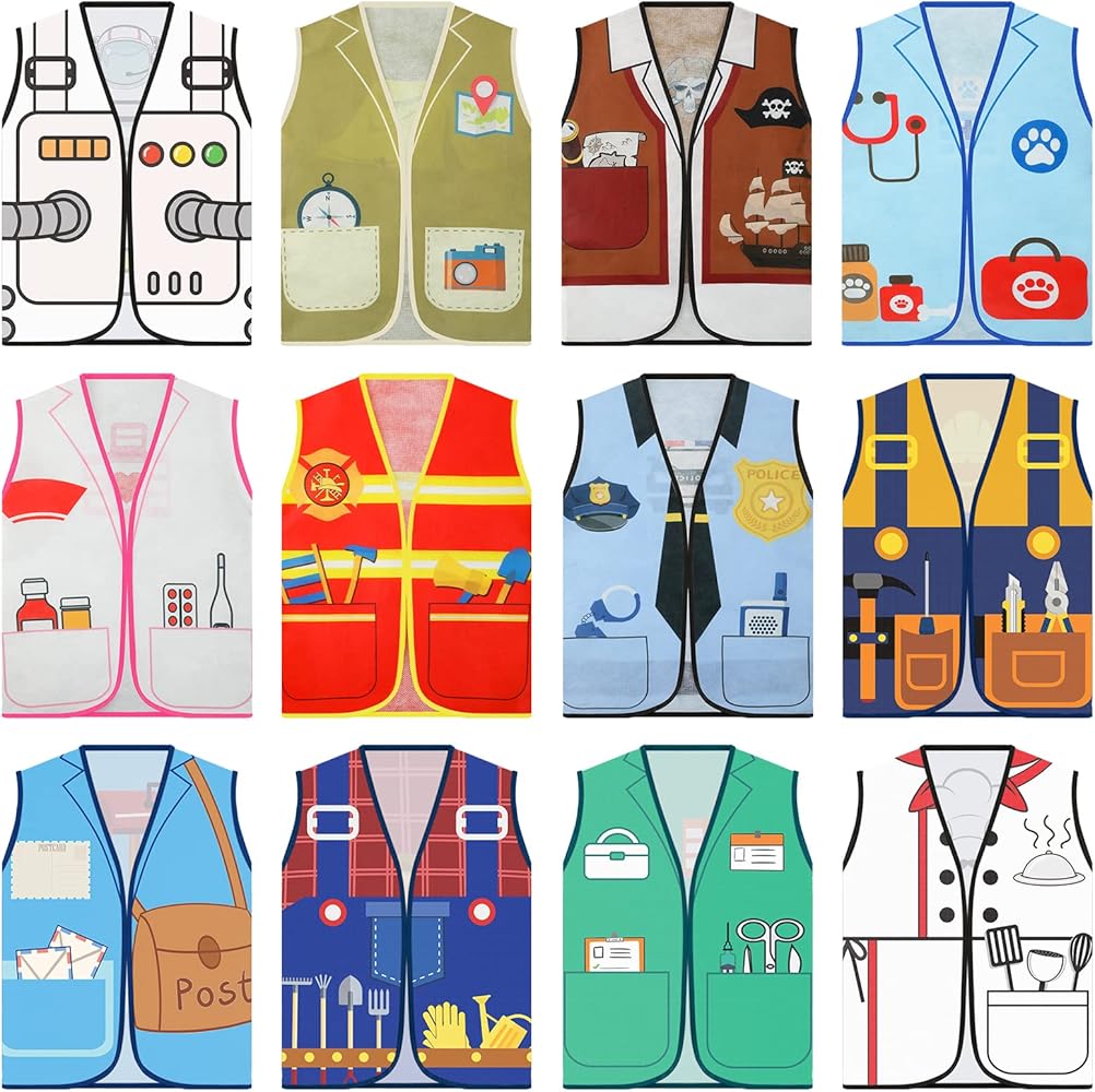 Janmercy 12 Pcs Kids Community Helpers Costumes Preschool Dress Vest Career Cosplay Cloth Toddler Occupation Pretend Role Play for Kids Dramatic Play Toys