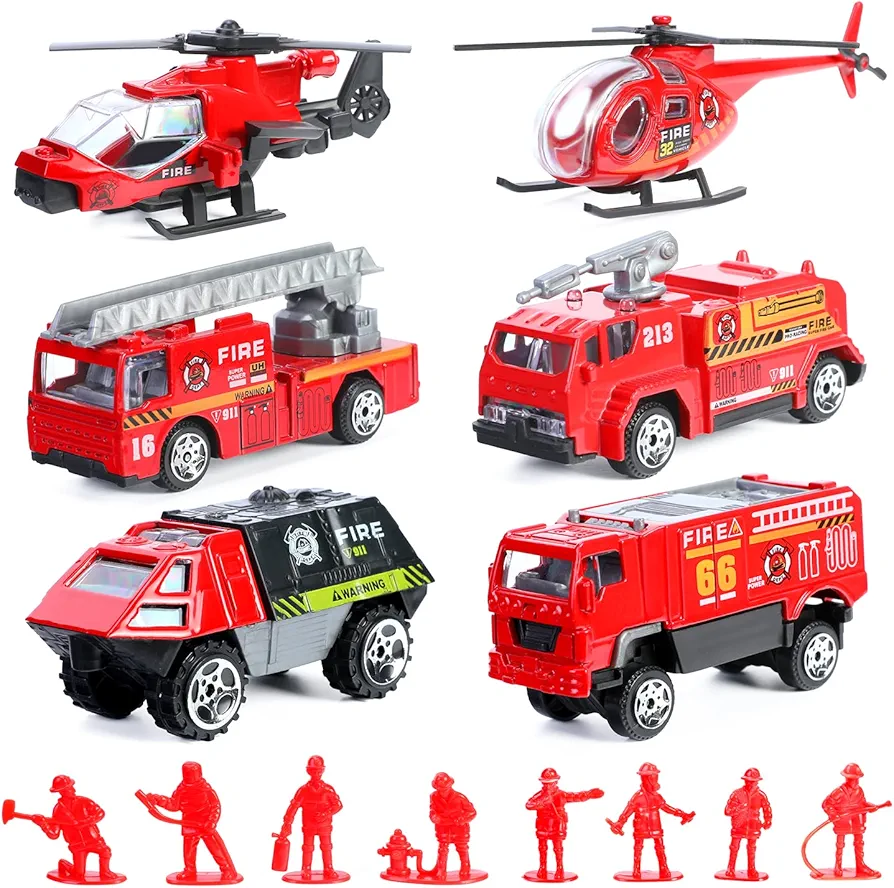 14 Pcs Fire Truck with Firefighter Toy Set, Mini Die-cast Fire Engine Car, Mini Rescue Emergency Vehicle Playset for Kid Boy Girl Birthday Christmas Party Favors