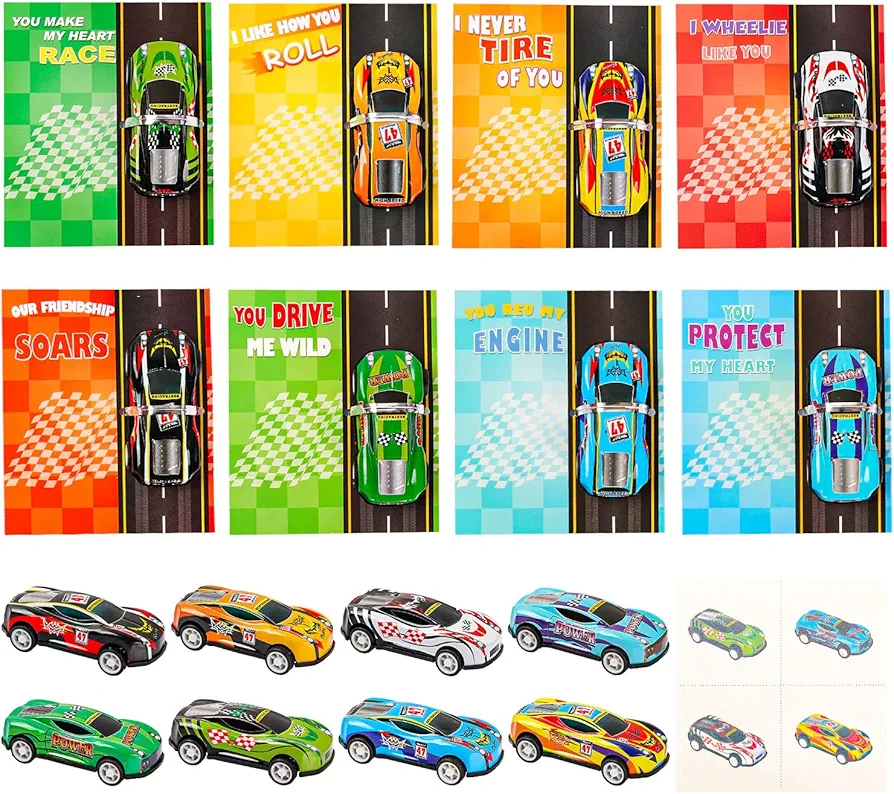 Toy Cars for Kids, 32 Assorted Colorful Metal Race Cars, Pull Back Toy Cars, with Greeting Cards & Temporary Tattoos, Great Party Favor, Prizes Fillers Bulk Gifts Birthday Gifts for Boys and Girls