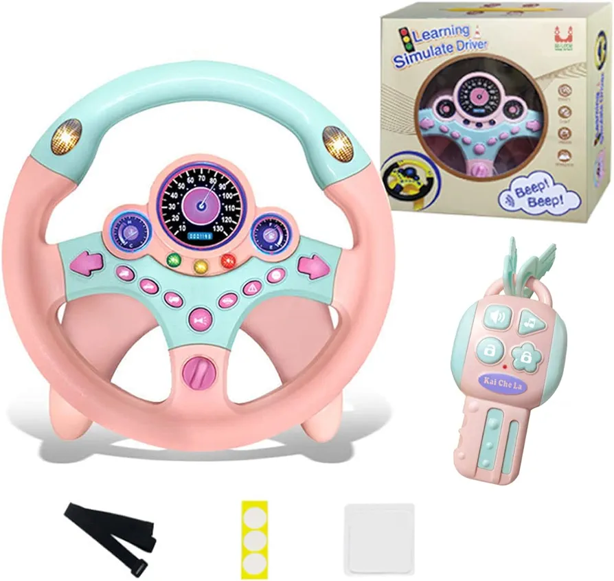 Steering Wheel Toy with Lights Music, Simulated Driving for Toddlers Pretend Play Toy Adsorption Driving Wheel for Kids (Style 2)