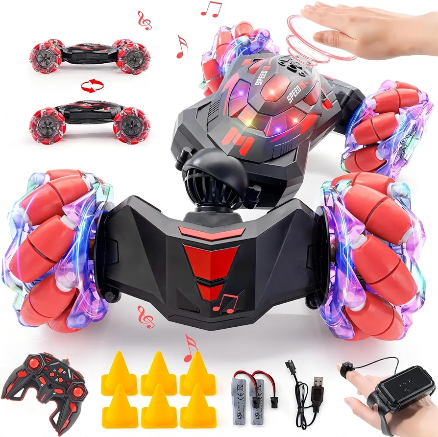 1:10 Remote Control Stunt Car 4WD 2.4Ghz Hand Gesture Sensing RC Crawler Vehicle 360° Flips with Lights Music Spray Birthday Gifts Toy Cars for Boys Kids Aged 6-12（Red）