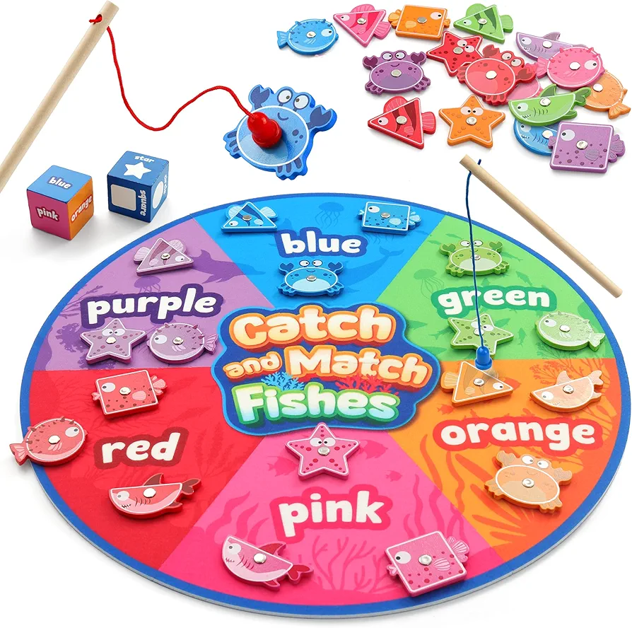 Coogam Montessori Toy for Toddlers, Fine Motor Skill Wooden Magnetic Fishing Game for Year Old Kids, Color and Shape Sorter for Age 3 4 5 Girls Boys Preschool Educational Gift